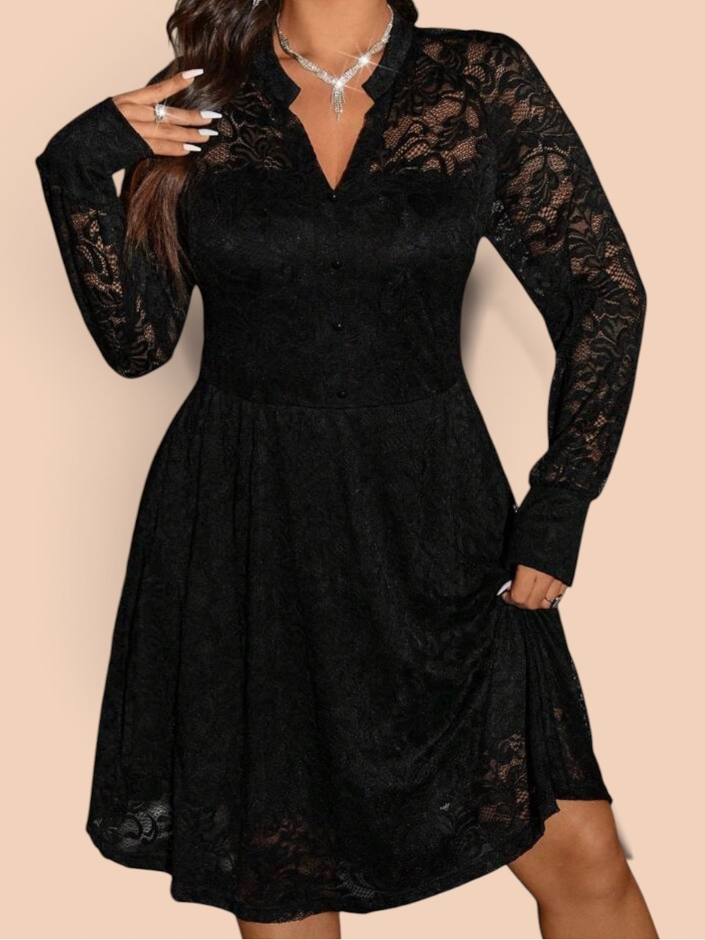 Black Lace Goth Dress Size 4X Witchy SHEIN Curve  Lined V-neck Midi Long Sleeve